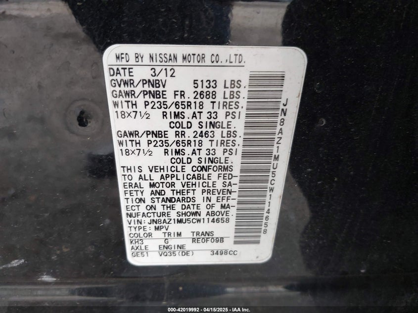 2012 NISSAN MURANO VIN: JN8AZ1MU5CW114658