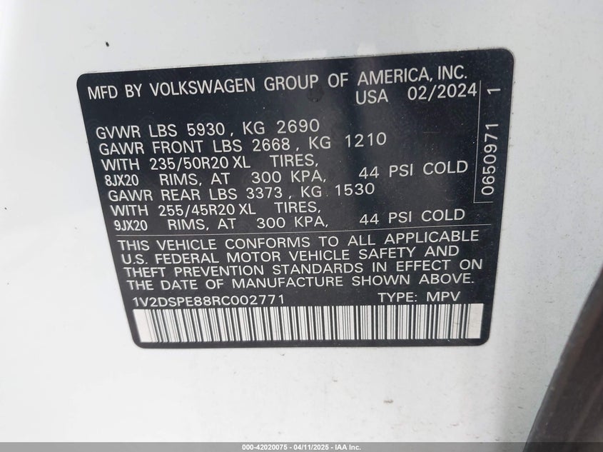 2024 Volkswagen Id.4 Awd Pro VIN: 1V2DSPE88RC002771 Lot: 42020075