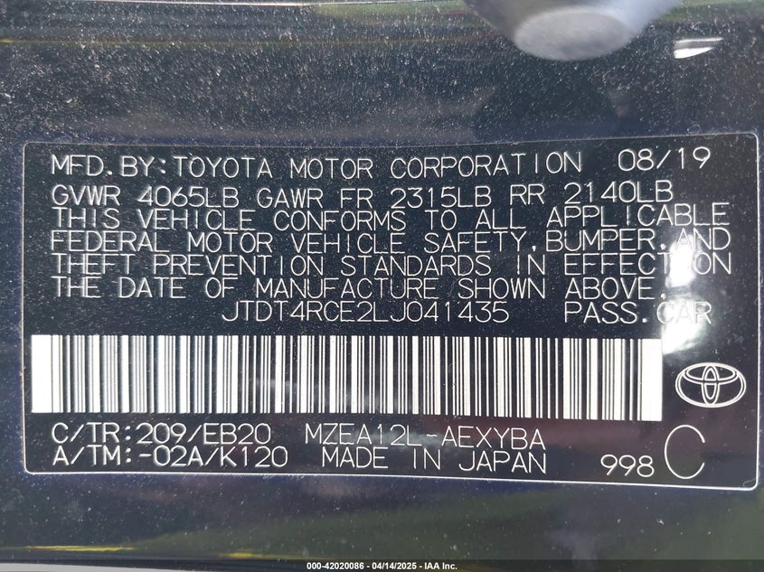 Auction sale of the 2020 TOYOTA COROLLA , vin: JTDT4RCE2LJ041435, lot number: 42020086