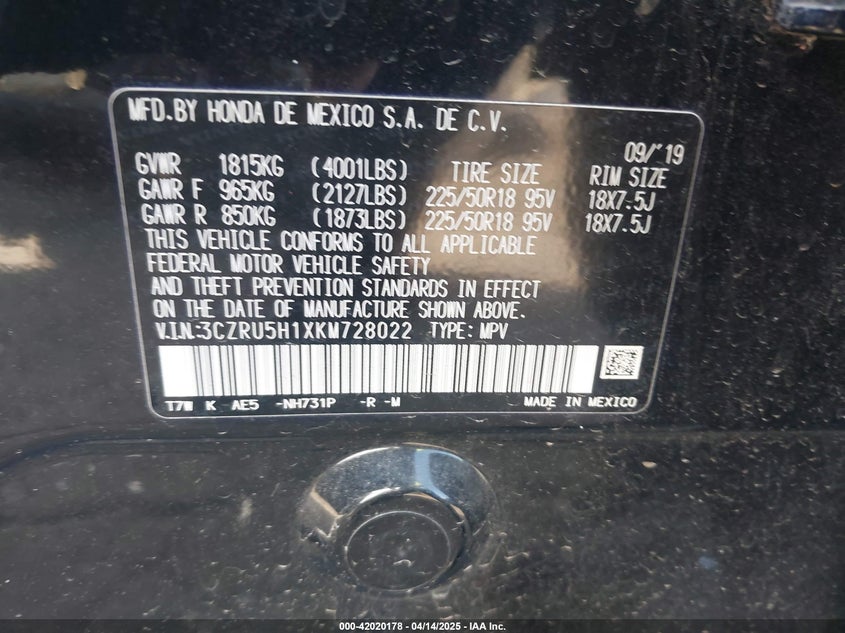 2019 HONDA HR-V VIN: 3CZRU5H1XKM728022