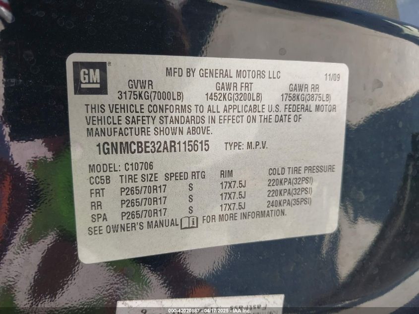 2010 Chevrolet Tahoe Lt VIN: 1GNMCBE32AR115615 Lot: 42020187