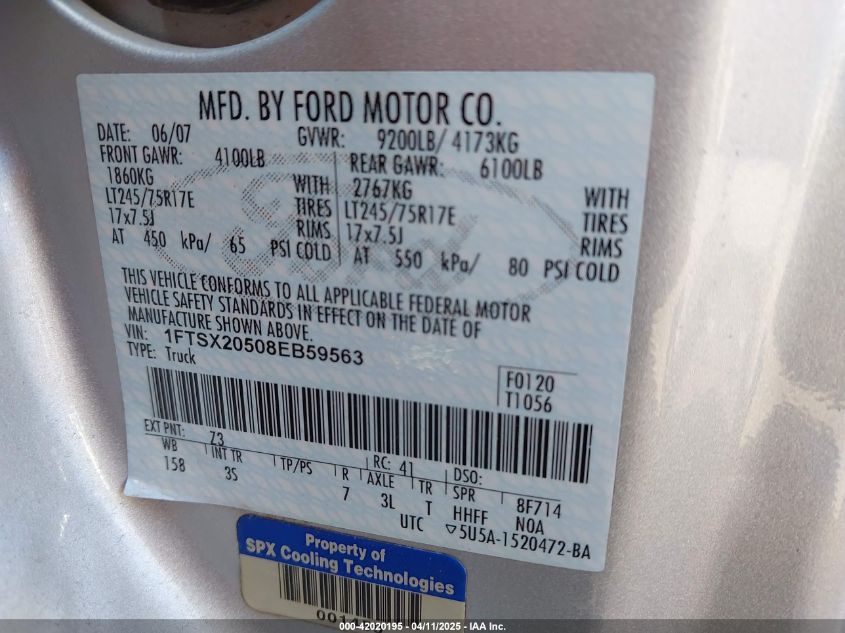2008 Ford F-250 Lariat/Xl/Xlt VIN: 1FTSX20508EB59563 Lot: 42020195