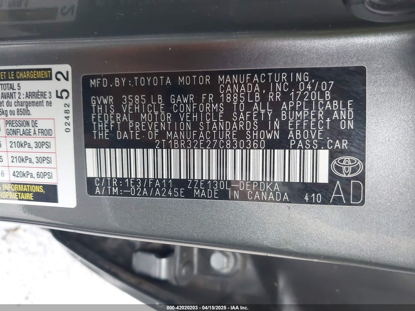 2007 TOYOTA COROLLA VIN: 2T1BR32E27C830360