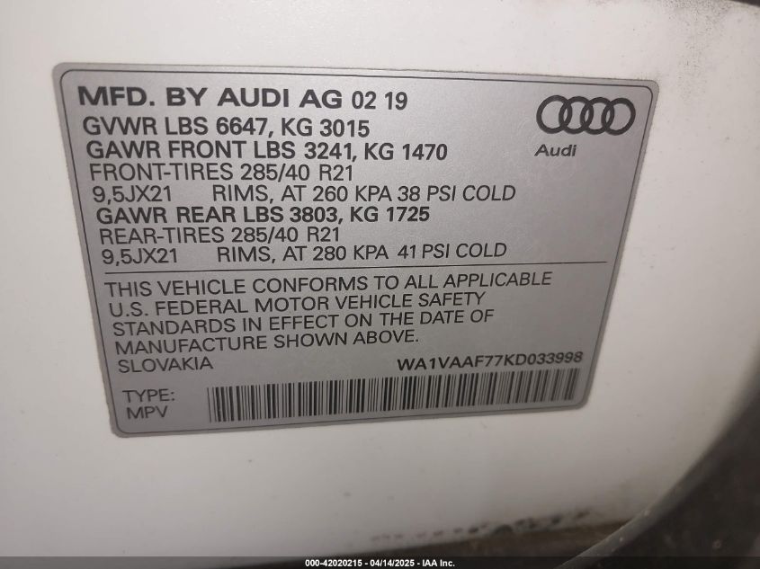 2019 Audi Q7 55 Premium VIN: WA1VAAF77KD033998 Lot: 42020215