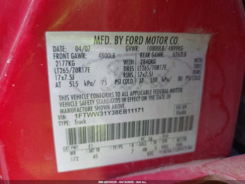 2008 Ford F-350 Fx4/Harley-Davidson/King Ranch/Lariat/Xl/Xlt VIN: 1FTWW31Y38EB11171 Lot: 42020229