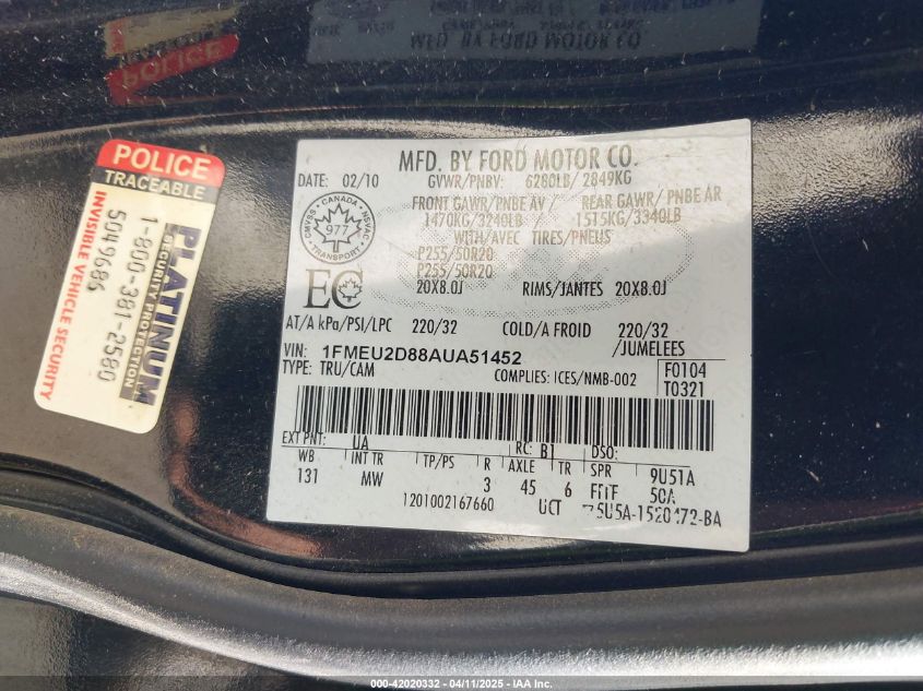 2010 Ford Explorer Sport Trac Limited VIN: 1FMEU2D88AUA51452 Lot: 42020332