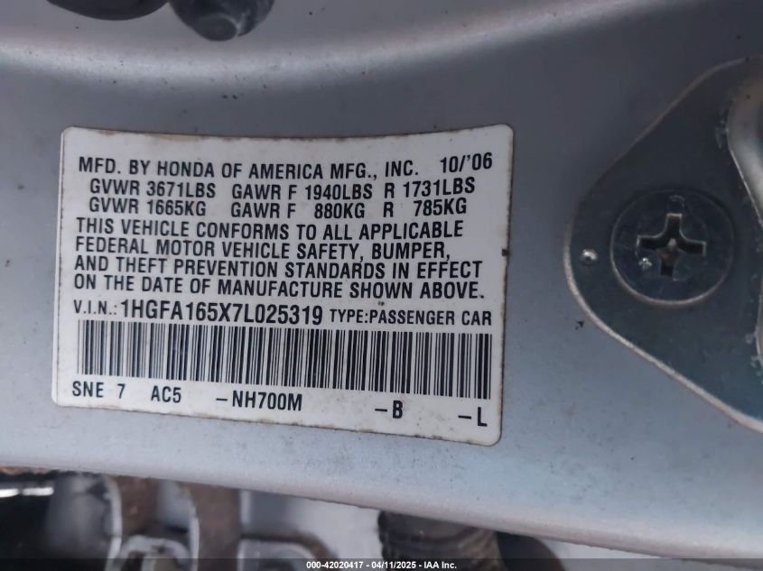 2007 Honda Civic Lx VIN: 1HGFA165X7L025319 Lot: 42020417