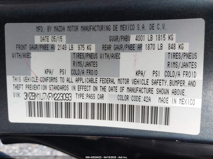 2015 MAZDA MAZDA3 VIN: 3MZBM1U7XFM223093