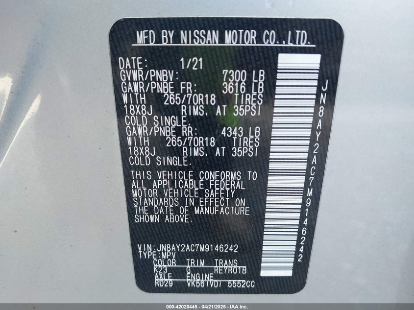2021 NISSAN ARMADA VIN: JN8AY2AC7M9146242