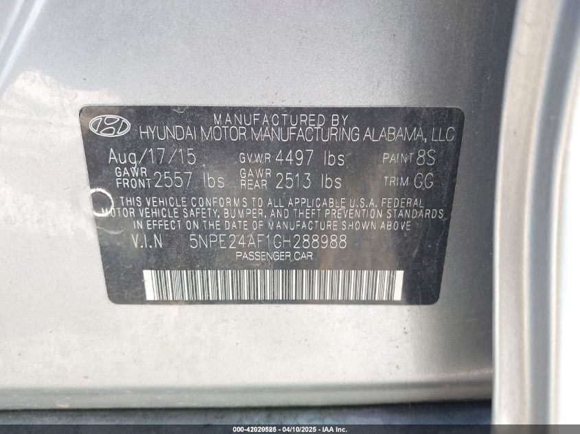 2016 Hyundai Sonata Se VIN: 5NPE24AF1GH288988 Lot: 42020525