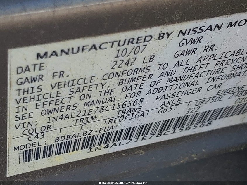 2008 NISSAN ALTIMA VIN: 1N4AL21E78C156568