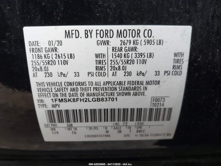 2020 Ford Explorer 2.3 Limited Black Lot 111042020565 Vin 1FMSK8FH2LGB83701