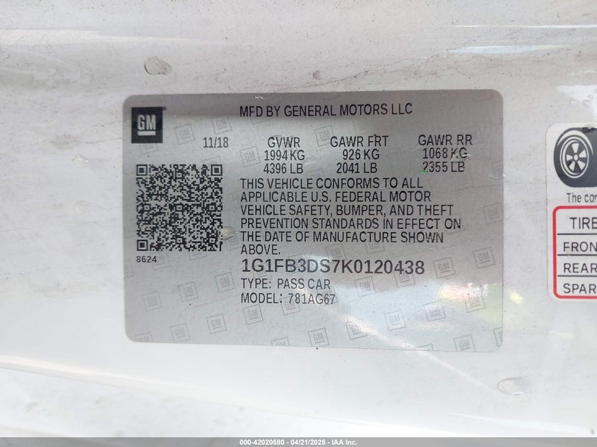 2019 CHEVROLET CAMARO VIN: 1G1FB3DS7K0120438