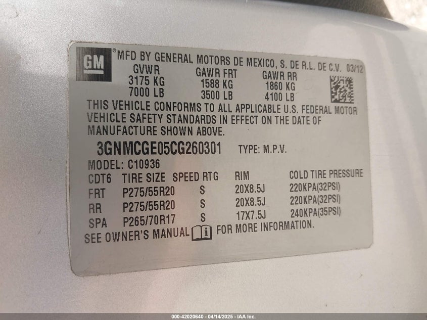 2012 CHEVROLET AVALANCHE VIN: 3GNMCGE05CG260301