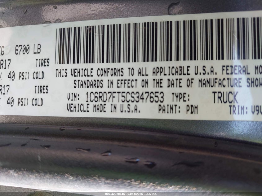 2012 RAM 1500 VIN: 1C6RD7FT5CS347653