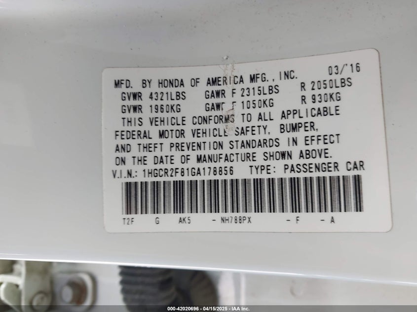 2016 HONDA ACCORD VIN: 1HGCR2F81GA178856