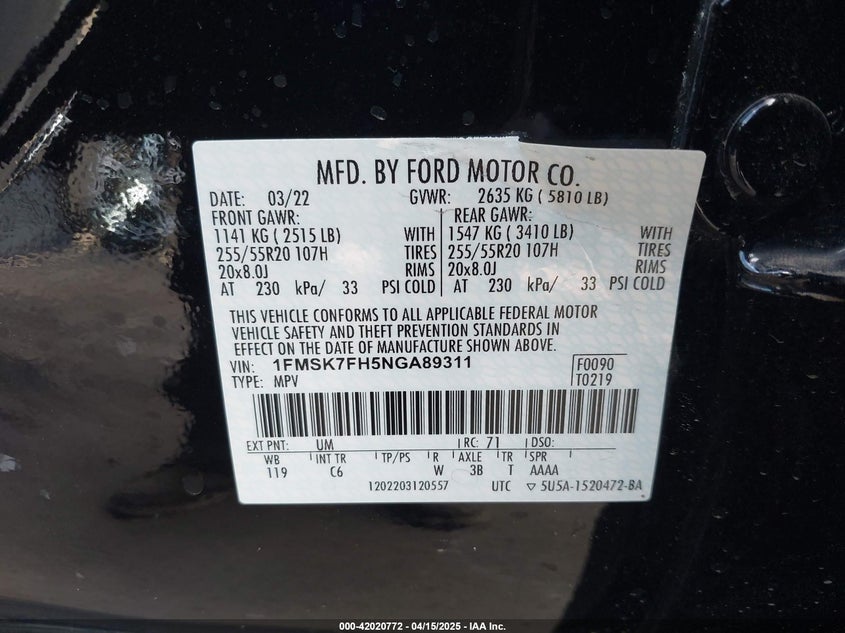 2022 FORD EXPLORER LIMITED - 1FMSK7FH5NGA89311