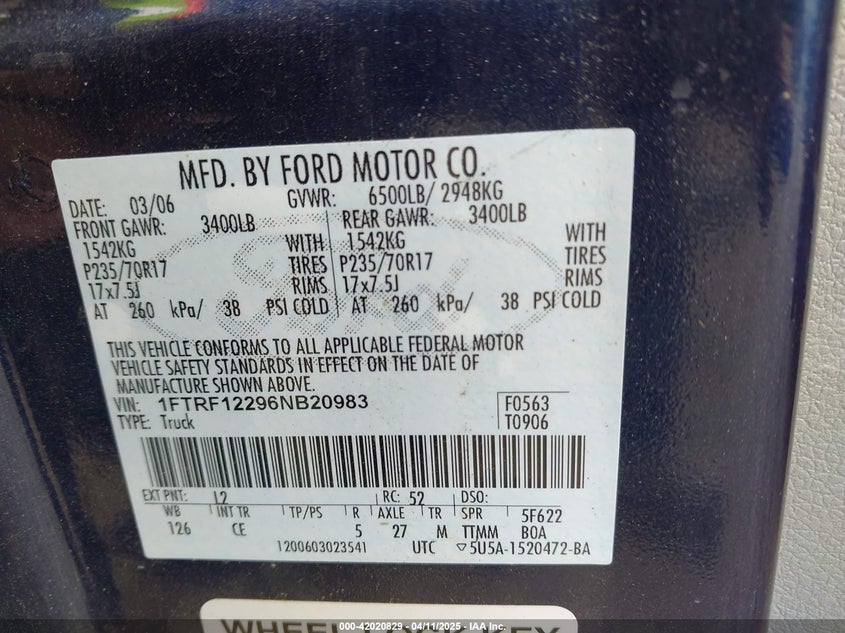 2006 FORD F-150 VIN: 1FTRF12296NB20983