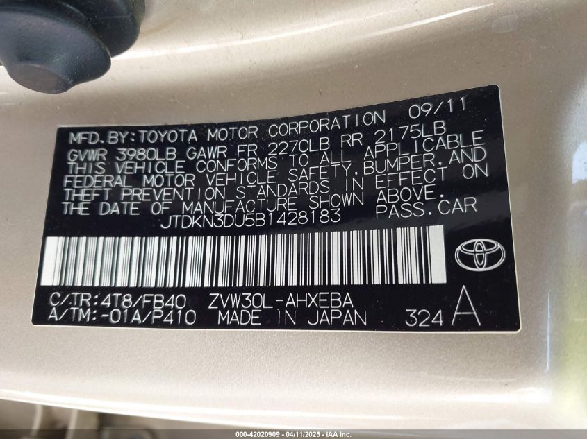 2011 Toyota Prius Two VIN: JTDKN3DU5B1428183 Lot: 42020909