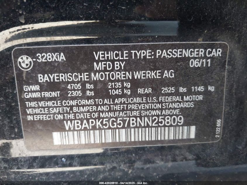 2011 BMW 328 Xi Sulev VIN: WBAPK5G57BNN25809 Lot: 42020918