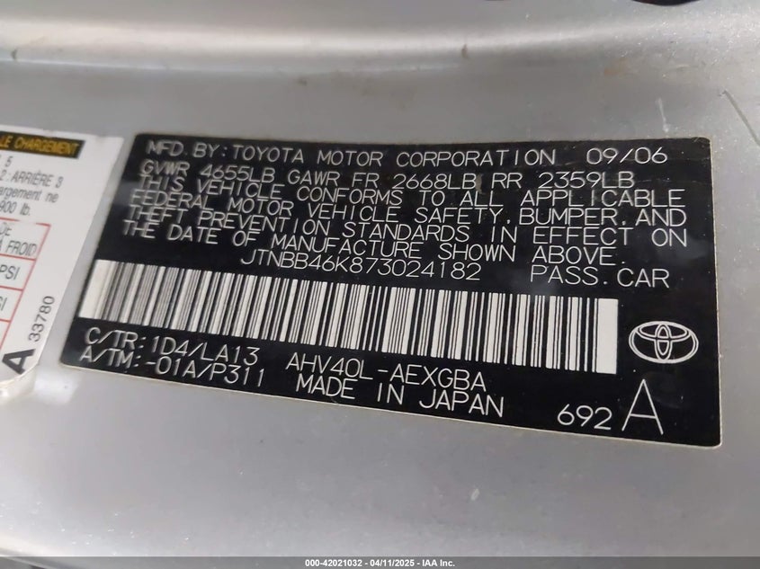 2007 TOYOTA CAMRY HYBRID VIN: JTNBB46K873024182