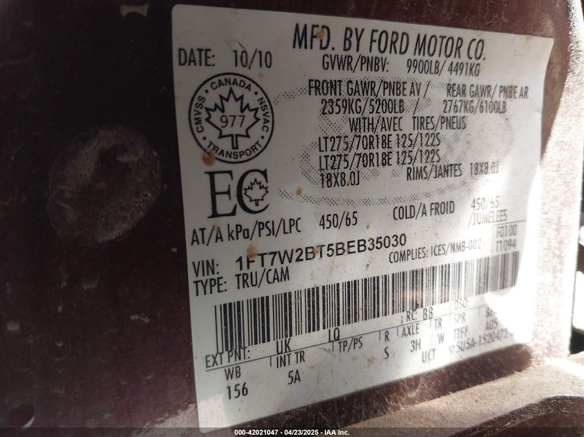 2011 FORD F-250 VIN: 1FT7W2BT5BEB35030