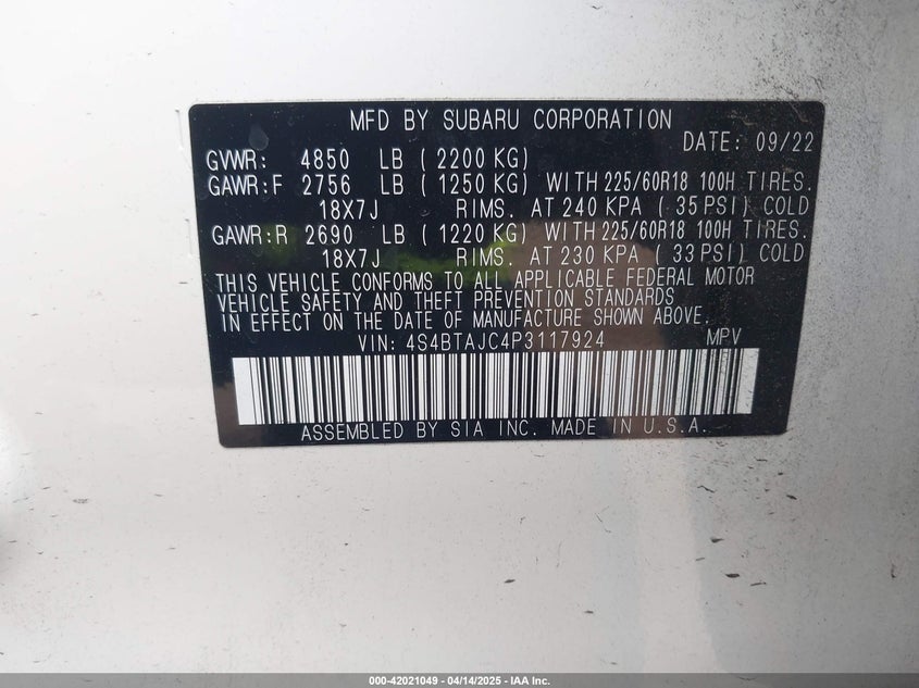 VIN 4S4BTAJC4P3117924 2023 SUBARU OUTBACK ONYX EDITION