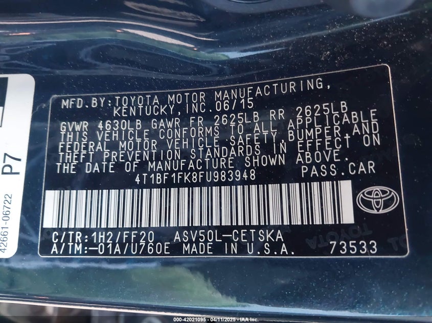 2015 TOYOTA CAMRY VIN: 4T1BF1FK8FU983948