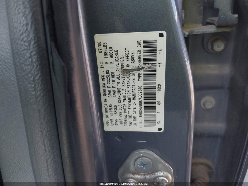 2007 HONDA ACCORD VIN: 1HGCM56887A002340