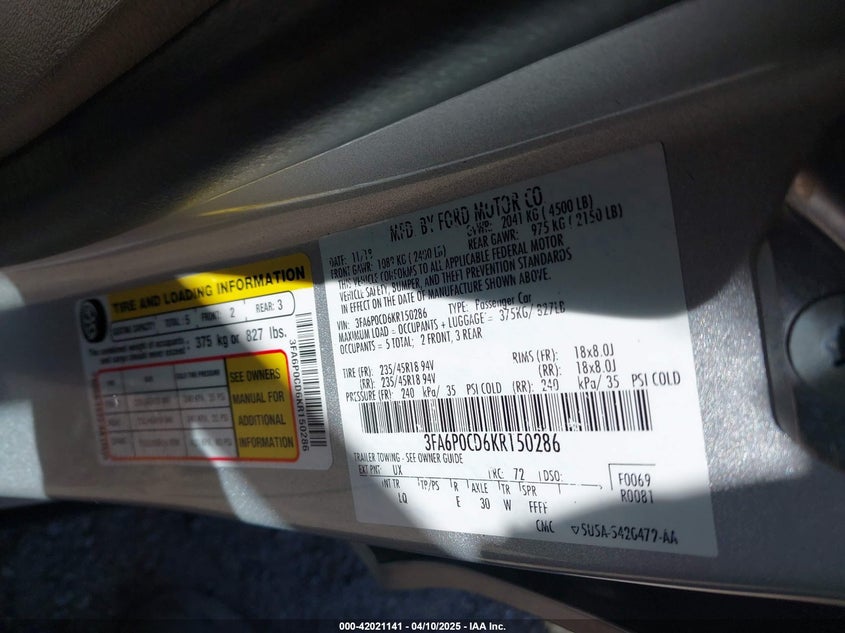 2019 FORD FUSION VIN: 3FA6P0CD6KR150286
