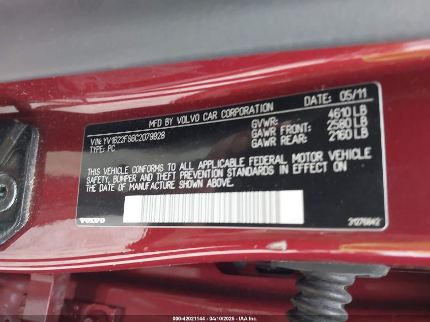 2012 Volvo S60 T5 VIN: YV1622FS6C2079928 Lot: 42021144