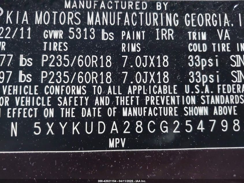 2012 Kia Sorento Ex V6 VIN: 5XYKUDA28CG254798 Lot: 42021154