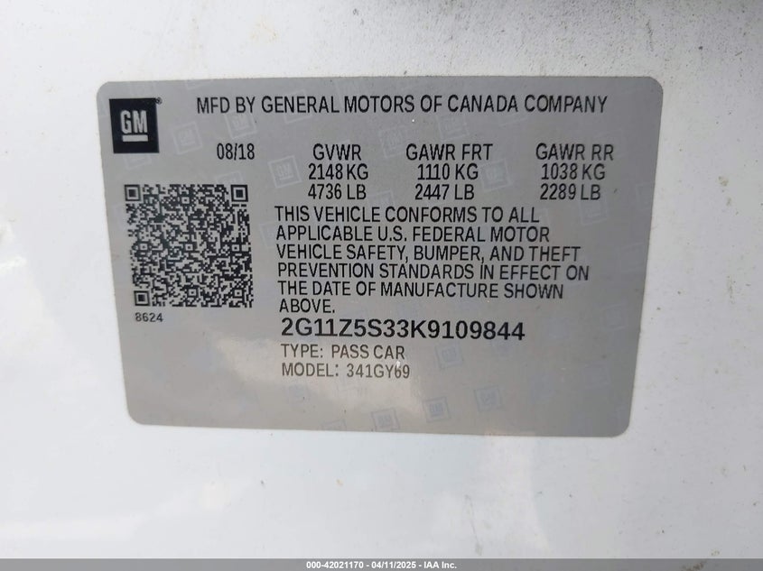 2019 CHEVROLET IMPALA VIN: 2G11Z5S33K9109844