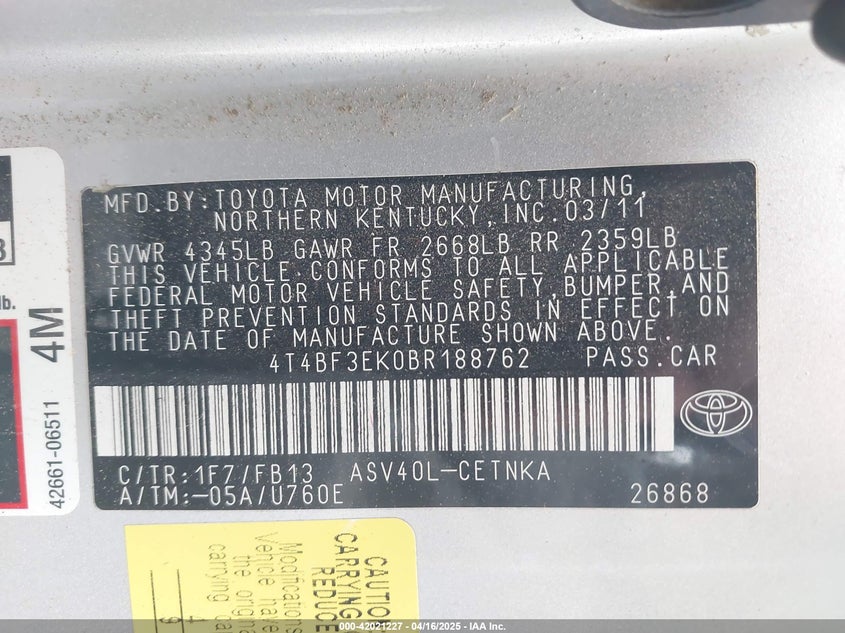 2011 TOYOTA CAMRY VIN: 4T4BF3EK0BR188762