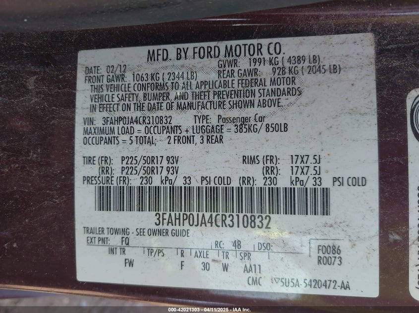 2012 FORD FUSION VIN: 3FAHP0JA4CR310832