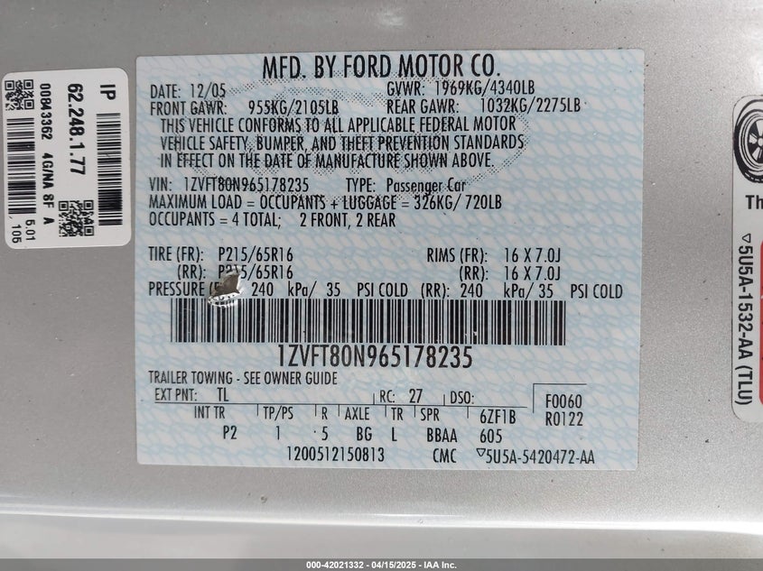 2006 FORD MUSTANG VIN: 1ZVFT80N965178235