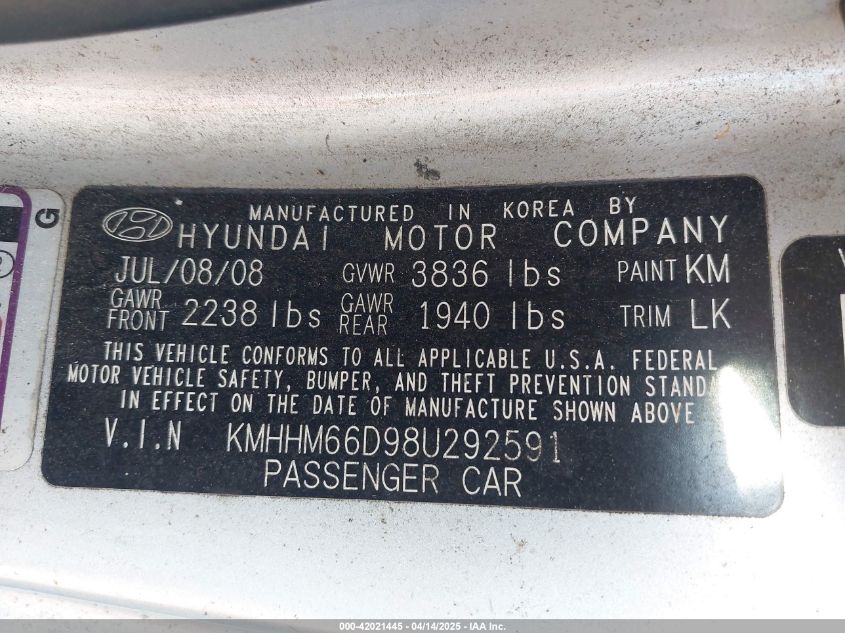 2008 Hyundai Tiburon Gs VIN: KMHHM66D98U292591 Lot: 42021445