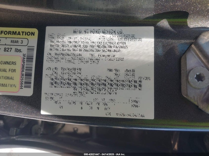 2018 FORD FUSION VIN: 3FA6P0HD6JR255644