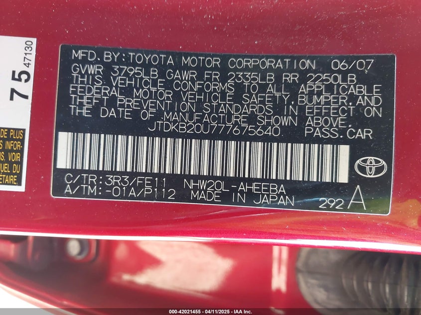 2007 TOYOTA PRIUS VIN: JTDKB20U777675640