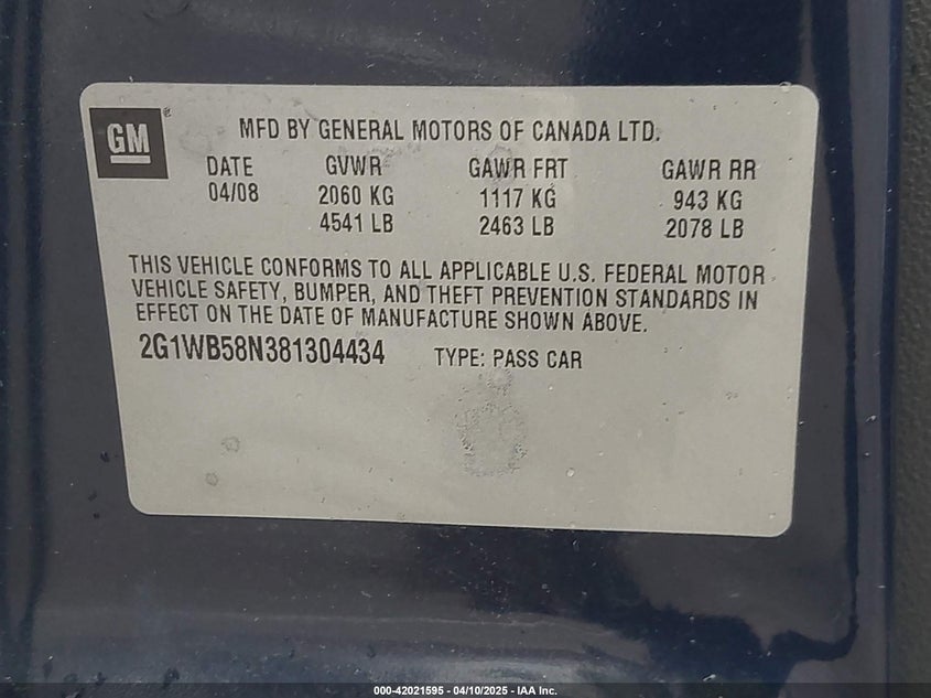 2008 CHEVROLET IMPALA VIN: 2G1WB58N381304434