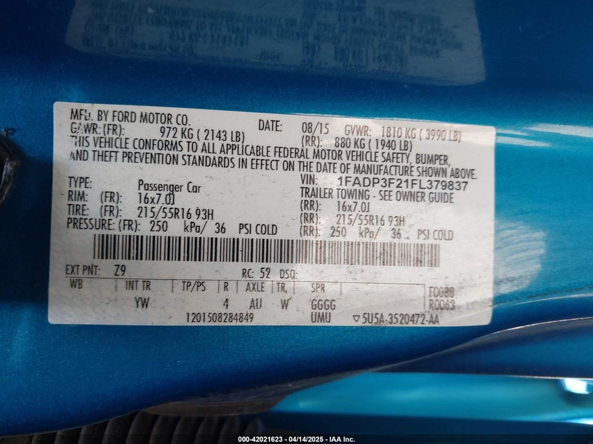 2015 FORD FOCUS VIN: 1FADP3F21FL379837