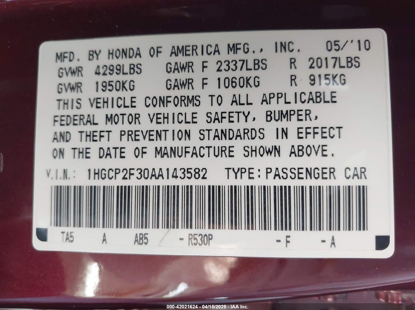 2010 HONDA ACCORD VIN: 1HGCP2F30AA143582