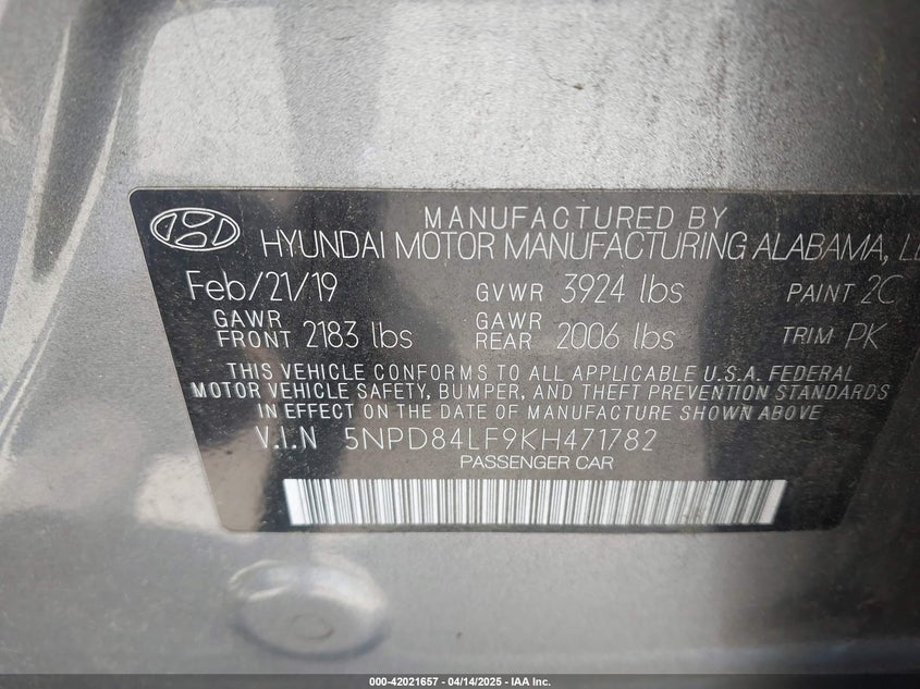 2019 HYUNDAI ELANTRA VIN: 5NPD84LF9KH471782