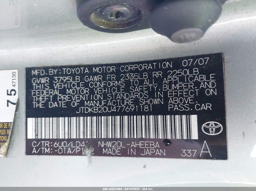 2007 TOYOTA PRIUS VIN: JTDKB20U477691181