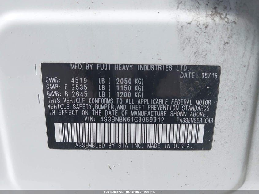 2016 SUBARU LEGACY VIN: 4S3BNBN61G3059912