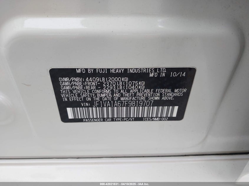 2015 SUBARU WRX VIN: JF1VA1A67F9819707