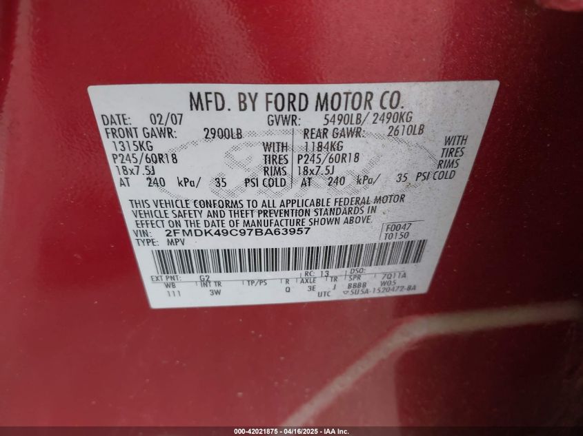 2007 Ford Edge Sel Plus VIN: 2FMDK49C97BA63957 Lot: 42021875