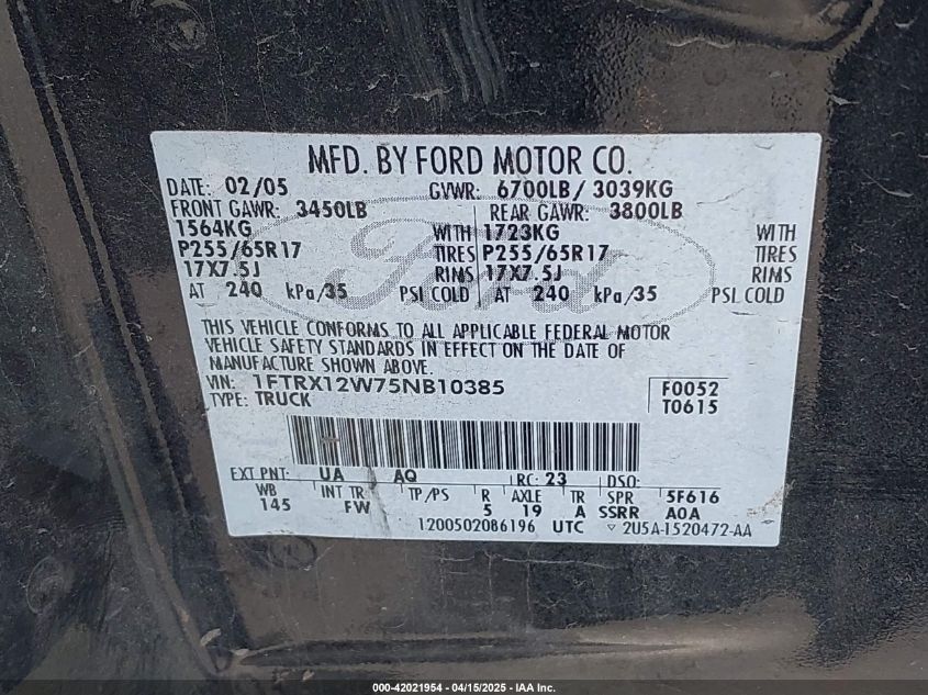 2005 Ford F-150 Stx/Xl/Xlt VIN: 1FTRX12W75NB10385 Lot: 43410385