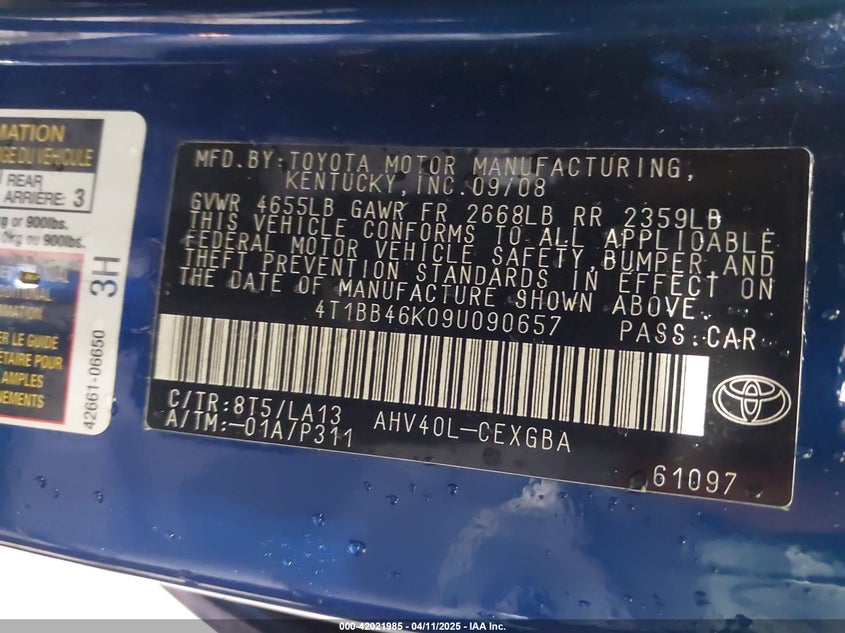 2009 TOYOTA CAMRY HYBRID VIN: 4T1BB46K09U090657