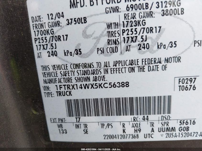 2005 Ford F150 VIN: 2FTRX14WX5KC56368 Lot: 42021994
